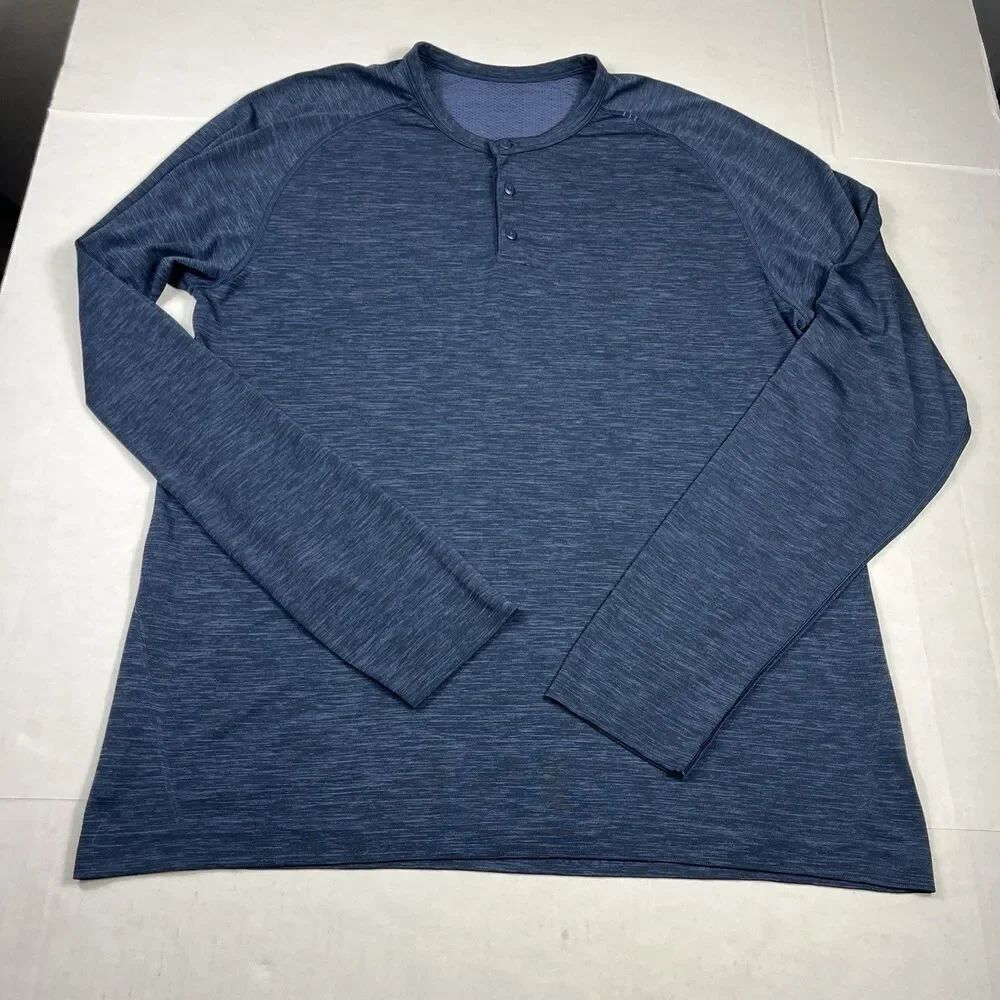 Lululemon Mens Henley Metal Tech T-Shirt Long Sleeve Blue Performance Top XL